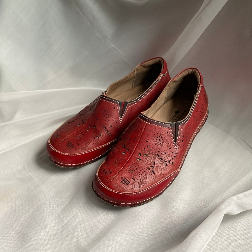 L'Artiste Libora Red Leather Floral Slip On Flats Shoes 6.5 Bohemian Scandigirl
